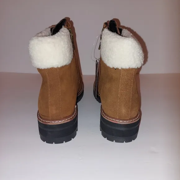 Aqua Diva Sola Faux Shearling Cuff Brn Wht Laceup Leather Boots Womens Sz 41/9.5