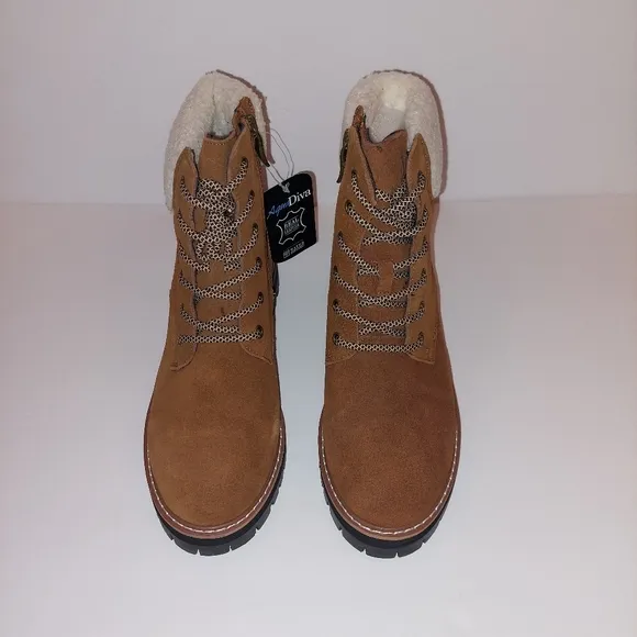 Aqua Diva Sola Faux Shearling Cuff Brn Wht Laceup Leather Boots Womens Sz 41/9.5