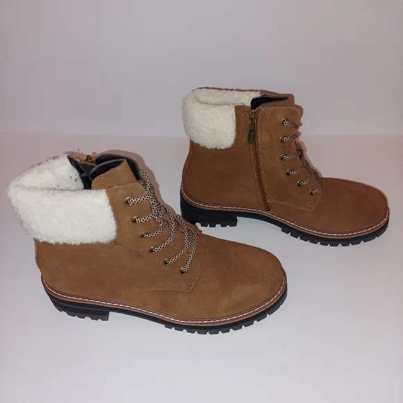 Aqua Diva Sola Faux Shearling Cuff Brn Wht Laceup Leather Boots Womens Sz 41/9.5