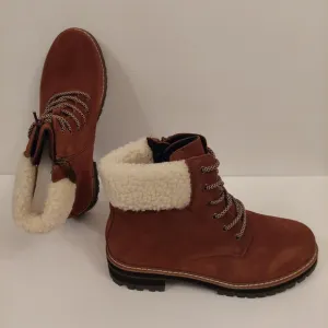 Aqua Diva Sola Faux Shearling Cuff Brn Wht Laceup Leather Boots Womens Sz 41/9.5