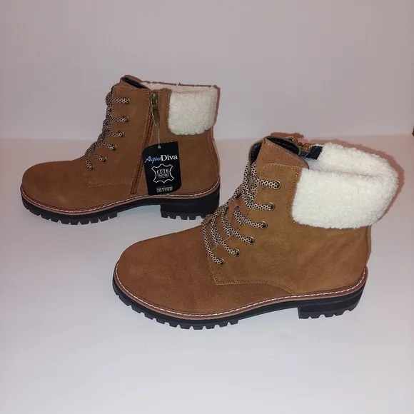 Aqua Diva Sola Faux Shearling Cuff Brn Wht Laceup Leather Boots Womens Sz 41/9.5