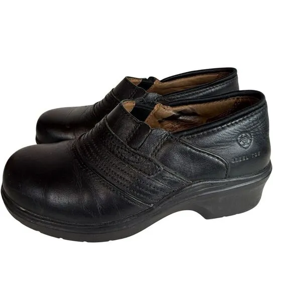 Ariat Women's 7B Steel Toe Clog Work Shoes 10002368 Black Leather Slip Resisting