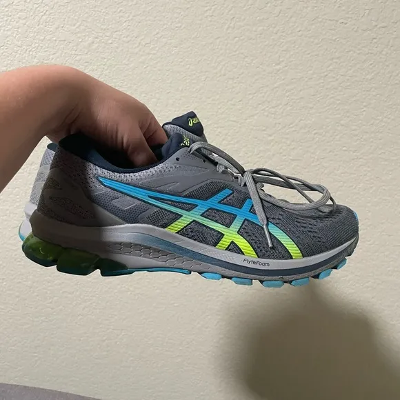 ASICS Gray Running Shoes with Blue and Green Accents