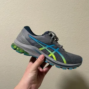 ASICS Gray Running Shoes with Blue and Green Accents