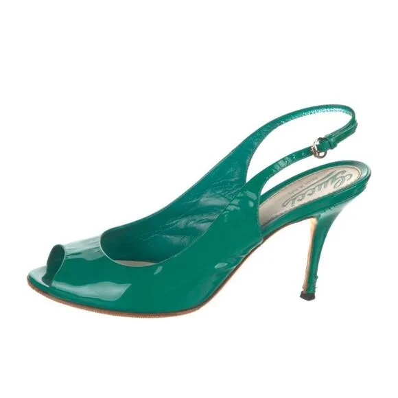 Authentic GUCCI Green Patent Leather Peep Toe Heel Shoes Size 7