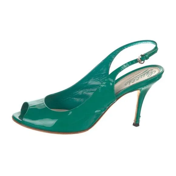 Authentic GUCCI Green Patent Leather Peep Toe Heel Shoes Size 7