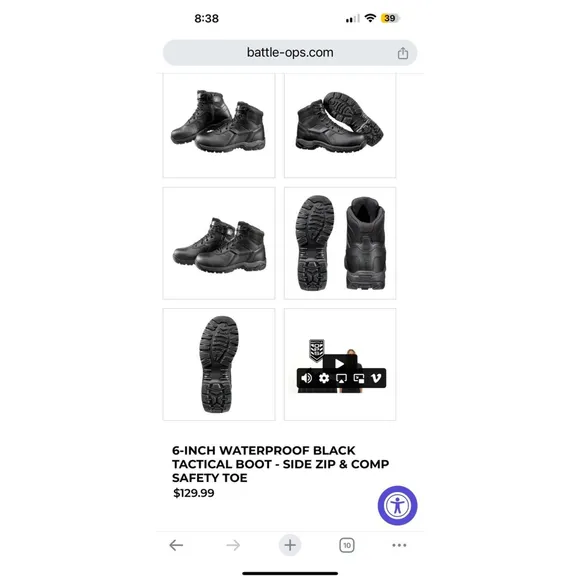 Battle Ops Tactical Boots Side Zip With‎ Safety Toe, Sz 10 Waterproof