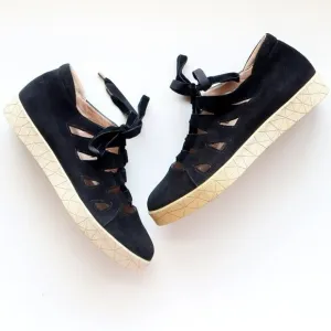 BeautiFeel Black Suede Leather Lace-up Cutout Sneakers Flat Comfort Shoes Size 7