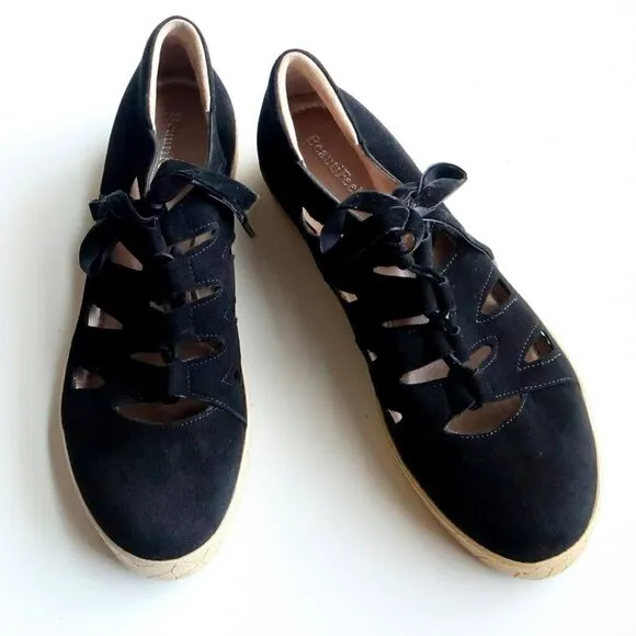 BeautiFeel Black Suede Leather Lace-up Cutout Sneakers Flat Comfort Shoes Size 7