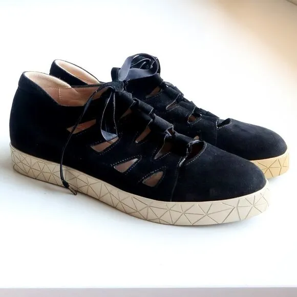 BeautiFeel Black Suede Leather Lace-up Cutout Sneakers Flat Comfort Shoes Size 7