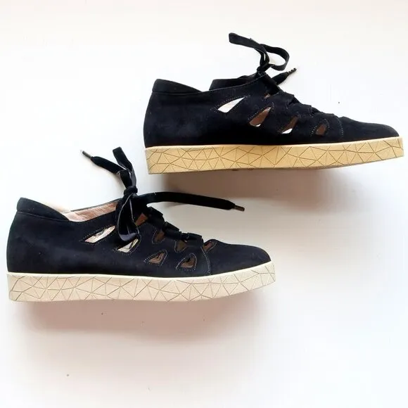 BeautiFeel Black Suede Leather Lace-up Cutout Sneakers Flat Comfort Shoes Size 7