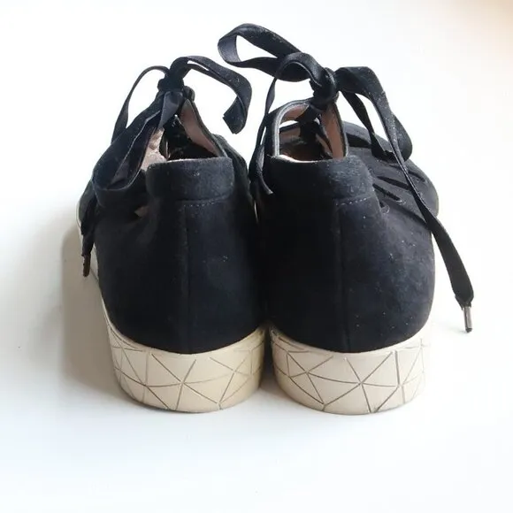 BeautiFeel Black Suede Leather Lace-up Cutout Sneakers Flat Comfort Shoes Size 7