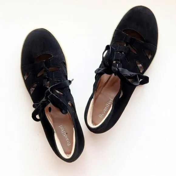 BeautiFeel Black Suede Leather Lace-up Cutout Sneakers Flat Comfort Shoes Size 7