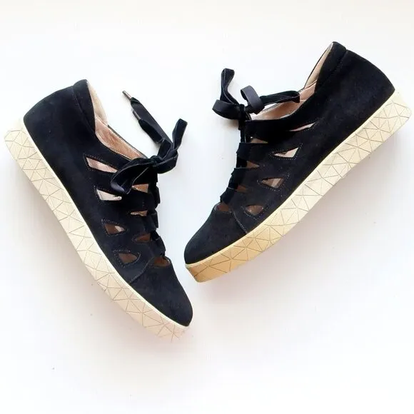 BeautiFeel Black Suede Leather Lace-up Cutout Sneakers Flat Comfort Shoes Size 7
