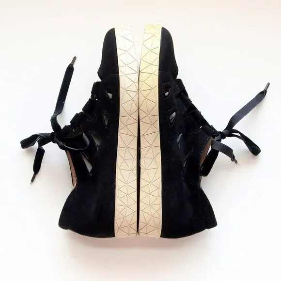BeautiFeel Black Suede Leather Lace-up Cutout Sneakers Flat Comfort Shoes Size 7