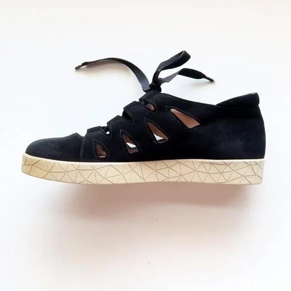 BeautiFeel Black Suede Leather Lace-up Cutout Sneakers Flat Comfort Shoes Size 7