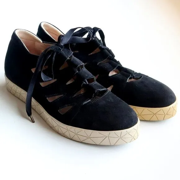 BeautiFeel Black Suede Leather Lace-up Cutout Sneakers Flat Comfort Shoes Size 7