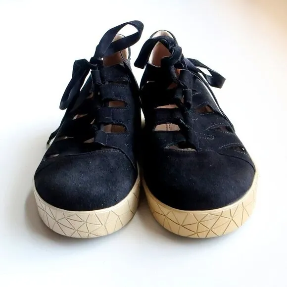 BeautiFeel Black Suede Leather Lace-up Cutout Sneakers Flat Comfort Shoes Size 7