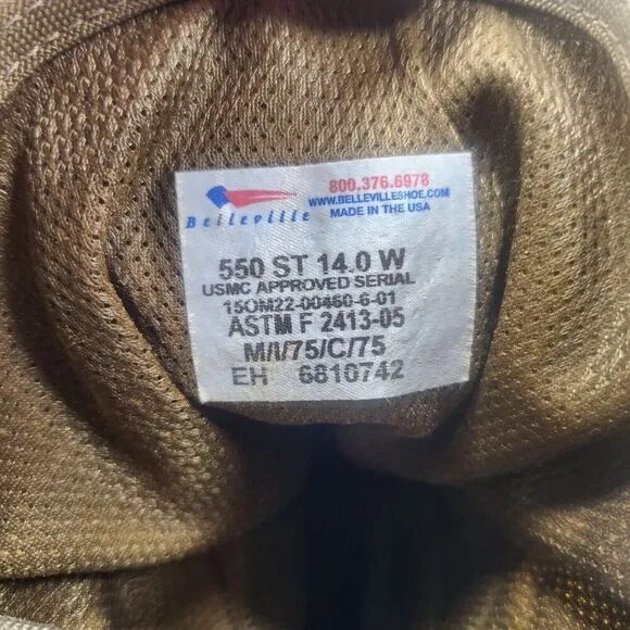 Belleville 550ST USMC 8&quot; Hot Weather Steel Toe Boots Mens Sz 14 Wide Coyote Tan