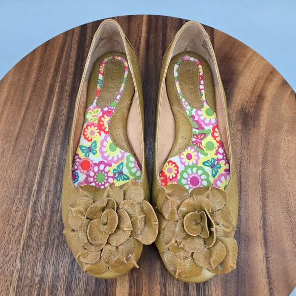 Born Ballet Flats Women's 7 Yellow Brown Leather Floral Slip On Comfort Shoes