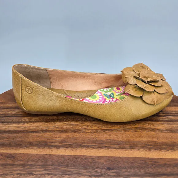 Born Ballet Flats Women's 7 Yellow Brown Leather Floral Slip On Comfort Shoes