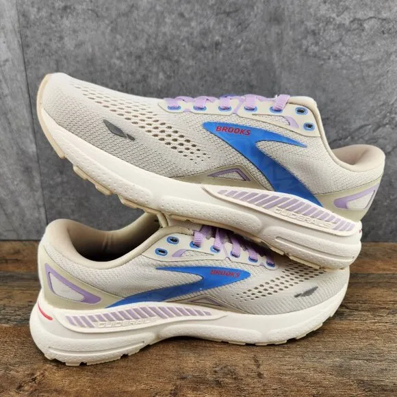 Brooks Adrenaline GTS 23 Sz 8.5 Womens Beige Ivory Purple Blue Running Shoes