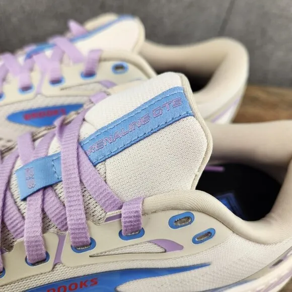 Brooks Adrenaline GTS 23 Sz 8.5 Womens Beige Ivory Purple Blue Running Shoes
