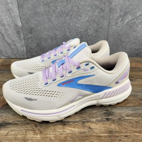 Brooks Adrenaline GTS 23 Sz 8.5 Womens Beige Ivory Purple Blue Running Shoes
