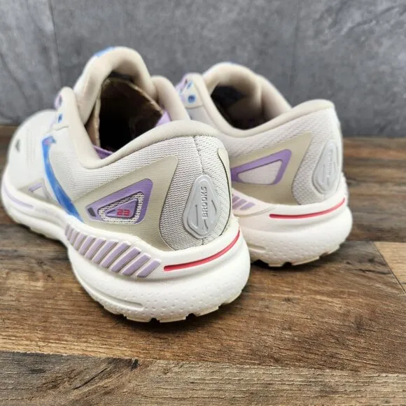 Brooks Adrenaline GTS 23 Sz 8.5 Womens Beige Ivory Purple Blue Running Shoes