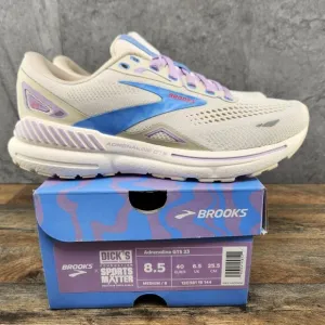 Brooks Adrenaline GTS 23 Sz 8.5 Womens Beige Ivory Purple Blue Running Shoes