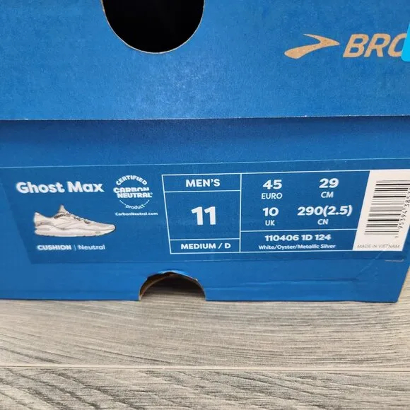 Brooks Ghost Max Size 11 Mens White Oyster Metallic Silver Running Shoes