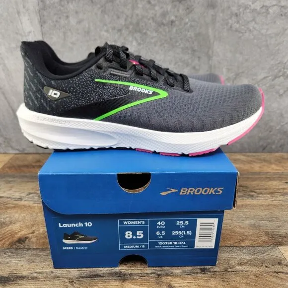 Brooks Launch 10 Size 8.5 Womens Black Blackened Pearl Green Grey Running Shoes