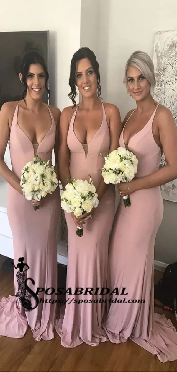 Burgundy Elegant Pink Mermaid Long Modest Cheap Bridesmaid Dresses, Open Back Party Dress, WG295