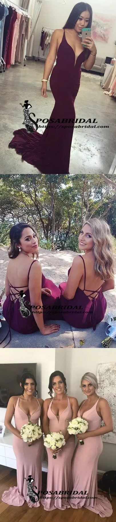 Burgundy Elegant Pink Mermaid Long Modest Cheap Bridesmaid Dresses, Open Back Party Dress, WG295