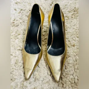 BY Far Made in Portugal Women Gold Leather Calfskin Pumps Heel Shoes Size 37/6.5