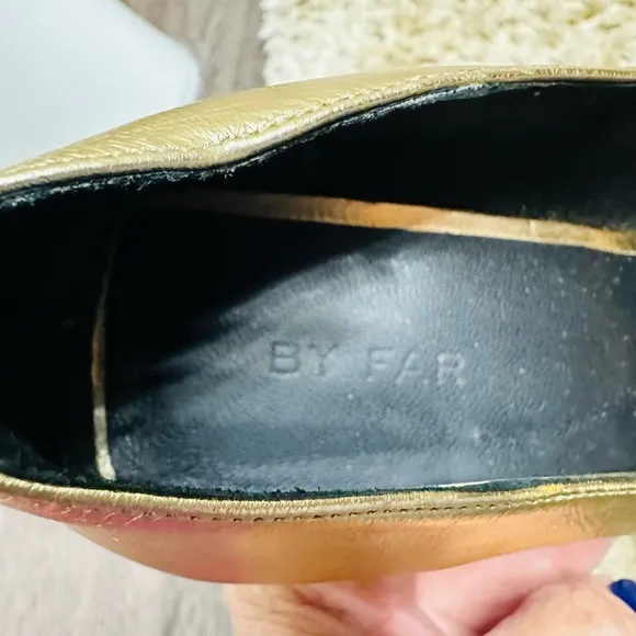 BY Far Made in Portugal Women Gold Leather Calfskin Pumps Heel Shoes Size 37/6.5