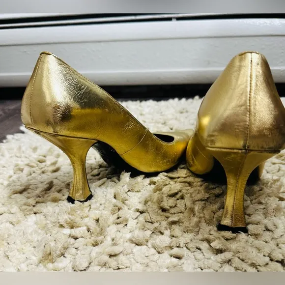 BY Far Made in Portugal Women Gold Leather Calfskin Pumps Heel Shoes Size 37/6.5