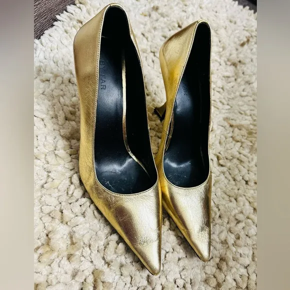 BY Far Made in Portugal Women Gold Leather Calfskin Pumps Heel Shoes Size 37/6.5