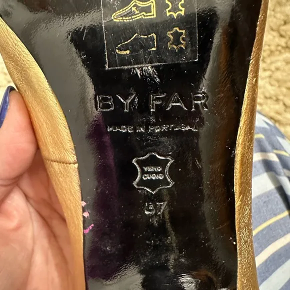 BY Far Made in Portugal Women Gold Leather Calfskin Pumps Heel Shoes Size 37/6.5