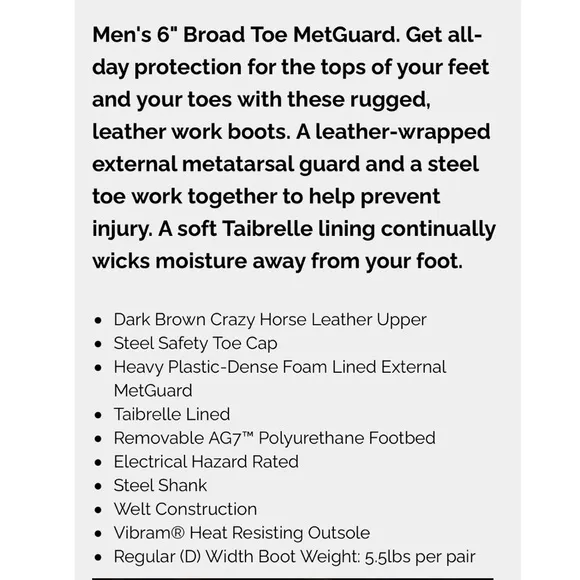 Carolina 599 brown work boots 6 inch safety toe metguards