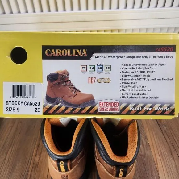Carolina CA5520 6&quot; Waterproof Composite Broad Toe Work Boots Mens Size 9 EE Wide