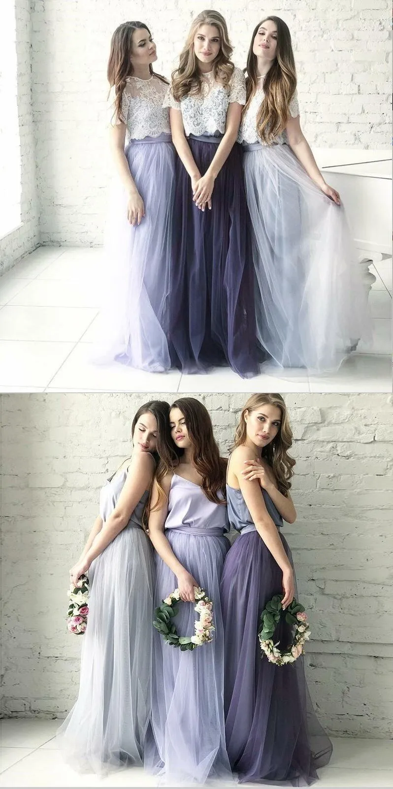 Cheap Two Piece Round Neck Long Light Blue Grey Silver Purple Lilac Tulle With Top Lace  Bridesmaid Dresses, WG270