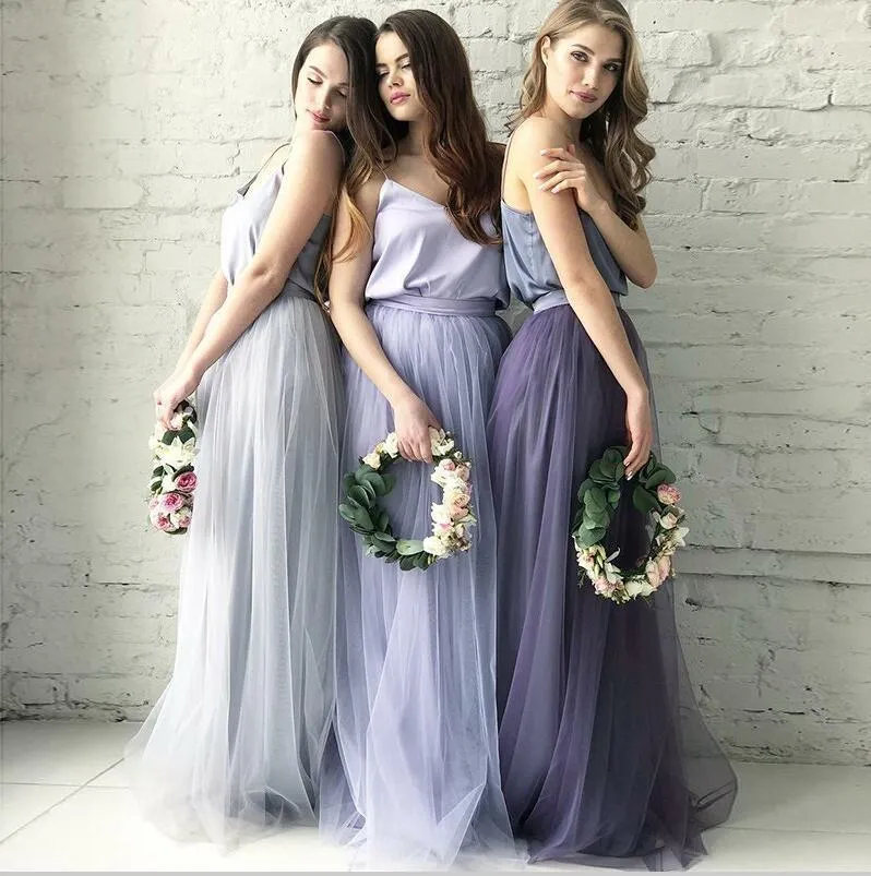Cheap Two Piece Round Neck Long Light Blue Grey Silver Purple Lilac Tulle With Top Lace  Bridesmaid Dresses, WG270