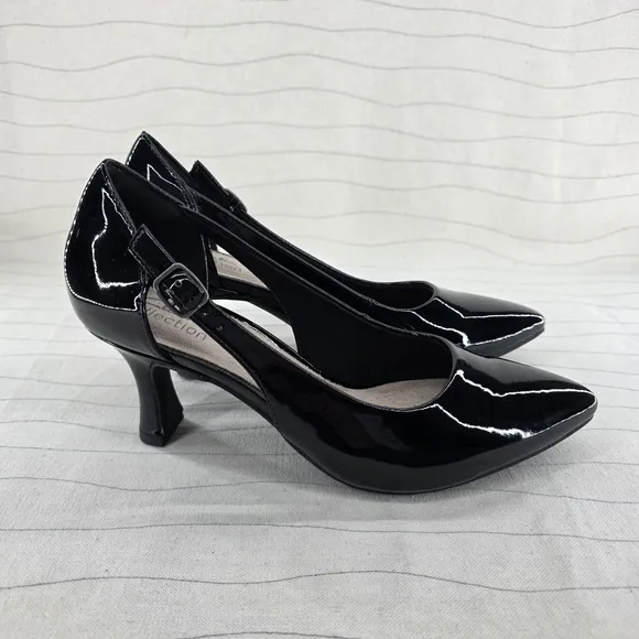 Clarks Womens Kataleyna Rae Black Pointed Toe Buckle Cut Out Patent Heels Size 7
