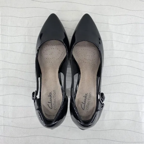 Clarks Womens Kataleyna Rae Black Pointed Toe Buckle Cut Out Patent Heels Size 7