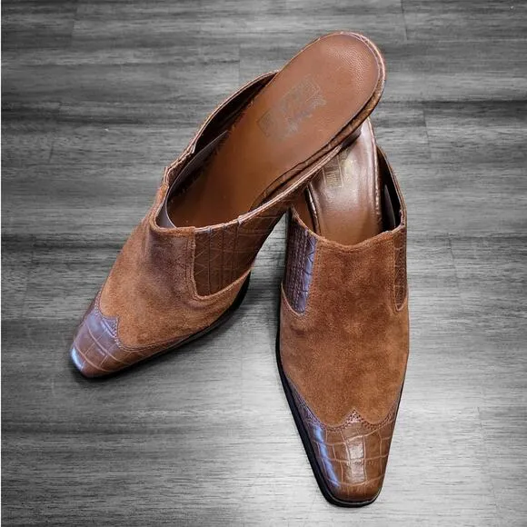 Coach and Four Brown Leather and Suede Mules Womens Size 7.5