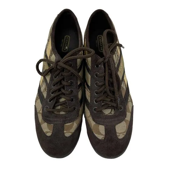 Coach Sneakers Women's Size 8.5 Yolanda lace Up Brown Monogram Gold