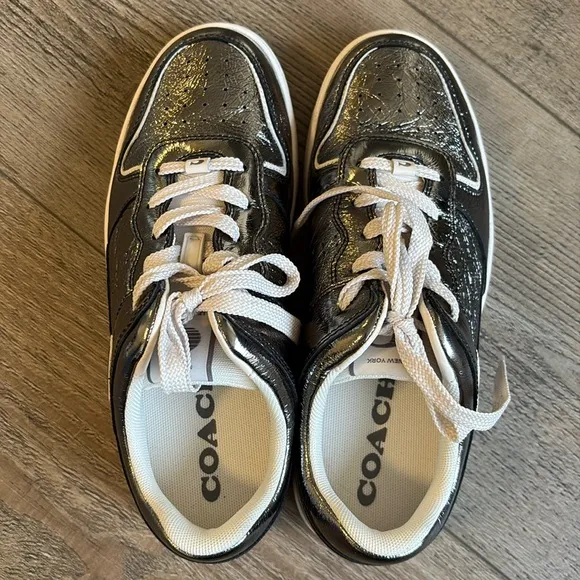 Coach Women's C201 Crinkle Silver Gunmetal Metallic Sneakers in Anthracite 39.5