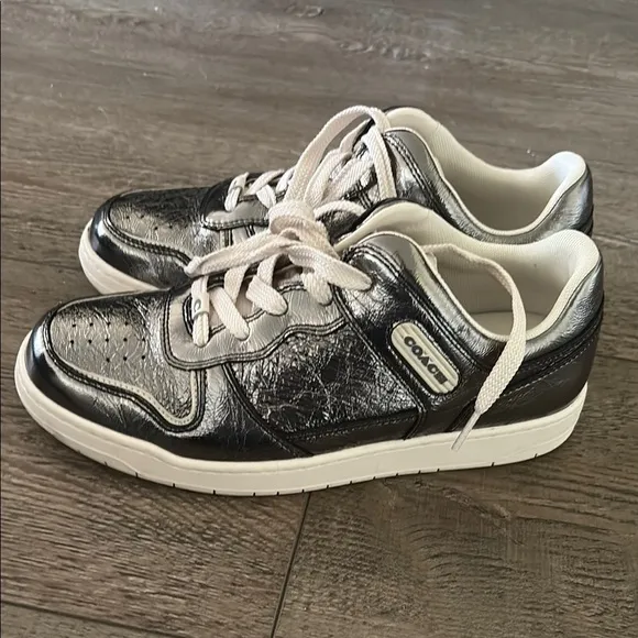 Coach Women's C201 Crinkle Silver Gunmetal Metallic Sneakers in Anthracite 39.5