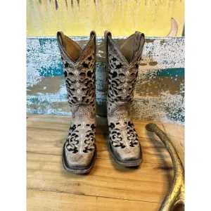 Corral Western Boots Girls Glitter Inlay Embroidery Bronze T0042 Size 1